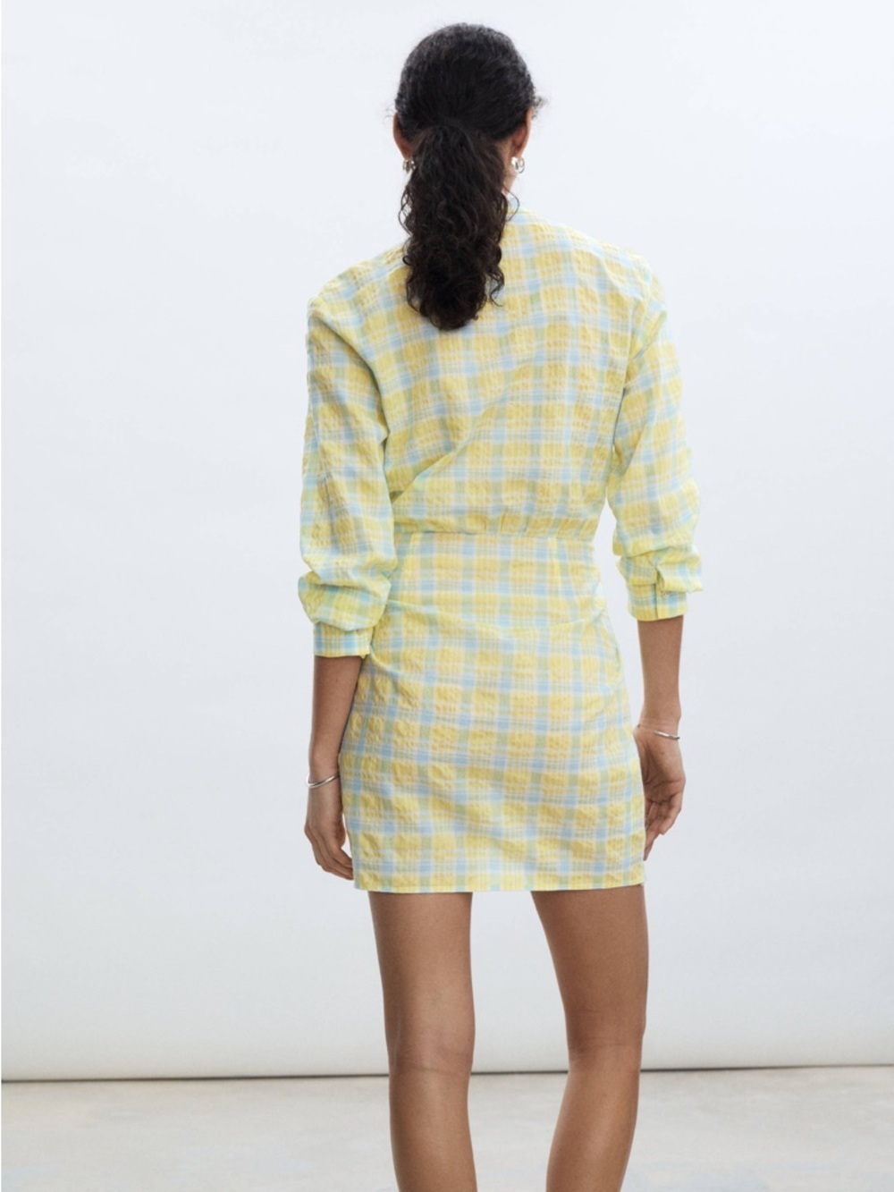 Mango MNG Yellow Blue Plaid Tie Waist Mini Dress Size 4 Cotton Blend - Picture 8 of 8